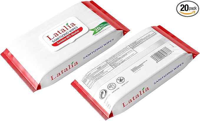 Latalia Hand Wipes | 80% Alcohol Hand Sanitizer Wipes for Hands & Face Moisturizing, Gentle, Convenient and Fragrance Free (20 Counts)
