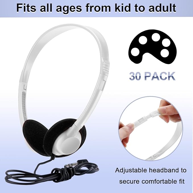 Yunsailing 30 Pack Bulk Headphones Set Over Ear Headphones with Adjustable Headband 3.5mm Plug Headsets Earphones for Learning Program, Computer Lab, Library, Testing & Multimedia Use (White)