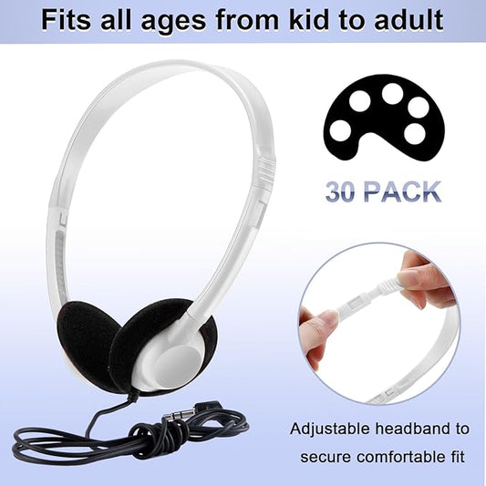 Yunsailing 30 Pack Bulk Headphones Set Over Ear Headphones with Adjustable Headband 3.5mm Plug Headsets Earphones for Learning Program, Computer Lab, Library, Testing & Multimedia Use (White)