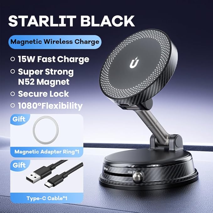 ZITUFAW 15W Fast Wireless Charger Magnetic Car Phone Holder, 360° Adjustable Magsafe Car Mount with Vacuum Suction Cup, Phone Holders for Your Car for iPhone & Android (Black)