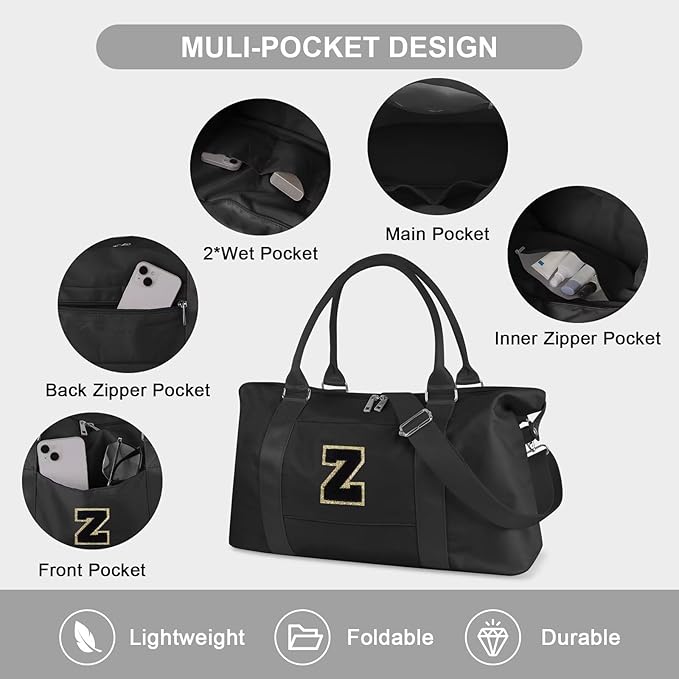 Dance Gym Duffel Bag for Teen Girls, Personalized Initial Travel Weekender Bag,Cute Overnight Carry On Duffle for Women,Sports Travel Cheer Bag,Monogram Christmas Gifts for Tween Preppy(black-Z)