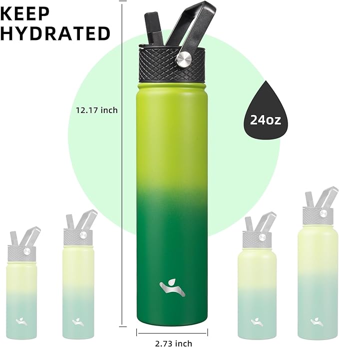 Insulated Water Bottle 24oz Stainless Steel Sport Bottles with 3 Lids,Bamboo Grove