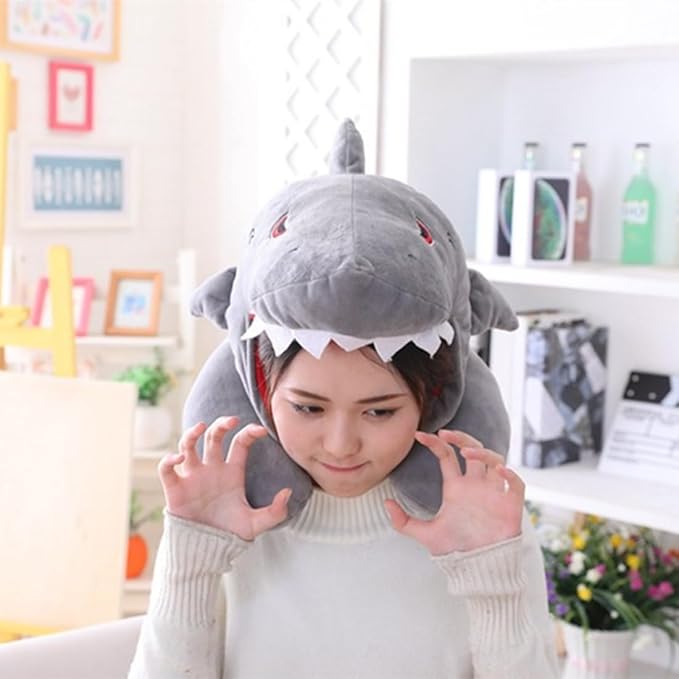 Cartoon Shark Animal Neck Pillow with Hood, U Shaped Soft Travel Airplane Neck Pillows, Office Neck Pillow, Anime Neck Pillows, Portable & Washable for Flights