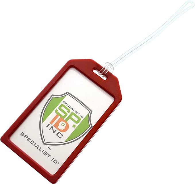 5 Pack - Premium Rigid Airline Luggage Tag Holders with 6" Worm Loops - Heavy Duty Hard Plastic -Suitcase ID Tag Identifiers with Business Card Insert Window by Specialist ID (Red)