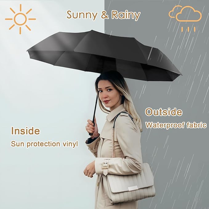 2-Pack Windproof, Waterproof, UV-Blocking Portable Travel Umbrella, Compact Sun & Rain Folding Umbrella, Double Rib Structure, Large Auto Open and Close Car Umbrella