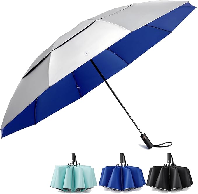 Prospo 46/62 Inch Large Travel Umbrellas for Rain Windproof, 10 Ribs Compact Reverse Folding Golf Umbrella, Double Canopy Automatic Open Close