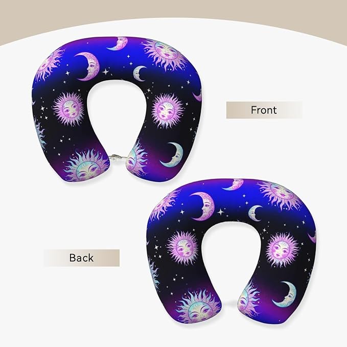 Neck Pillow Memory Foam Travel Pillows Comfortable for Airplane Flight Car Travel Office Nap and Sleeping, Funny Cushion for Head Shoulder Trippy Sun Moon Stars