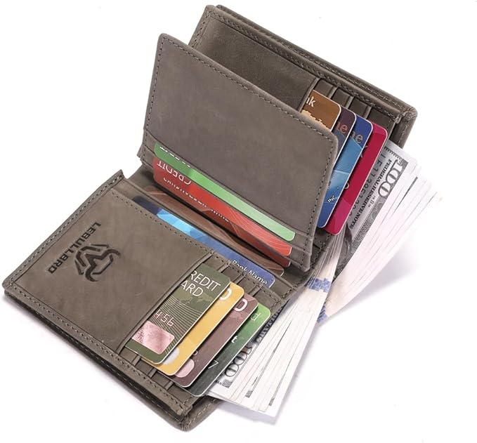 LEBULLBRO Genuine Leather Bifold Wallet RFID Blocking Wallet Large Capacity Purse Credit Card Holder for Men with 15 Card Slots (Grey)
