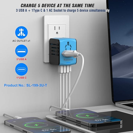Travel Adapter Worldwide, Universal International Power Plug Adapter W/2.4A 3xUSB-A and 3.0A Type-C Wall Charger, European Travel Plug Adapter for Europe UK EU US CA AU Italy Asia-Blue