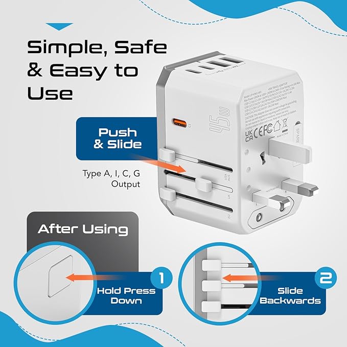 Ceptics 6-in-1 Universal Travel Adapter with 2X USB-A and 3X USB-C, 45W for Global Use, Compatible with US, EU, UK & More, White
