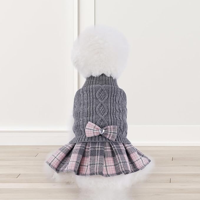 YUDODO Small Dog Sweater Dress with Bowtie Turtleneck - Knitted Pet Girl Dog Winter Clothes - Pet Warm Sweater for Puppy Yorkies, Chihuahua (M Grey)