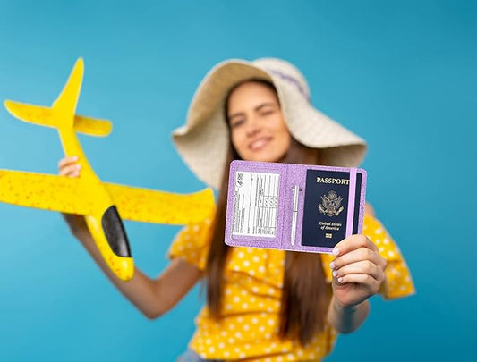 Caweet Passport Holder and Vaccine Card Holder Combo RFID Blocking Leather Vaccination Card Wallet with Elastic Band Closure, Glitter Purple