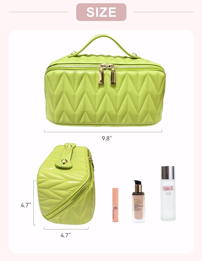 Travel Makeup Bag for Women, Large Capacity Cosmetic Bags for Girls, Compact Pouch Make up Organizer, Waterproof Toiletry Bag with Divider and Handle (Green)