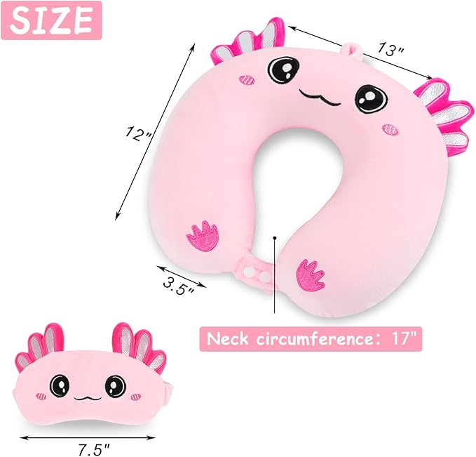 Travel Pillow, Kids Travel Pillow with Sleep Eye Mask Soft Memory Foam Kids Neck Pillow for Boys & Girls, Travel Accessories for Car Airplane Traveling - Axolotl
