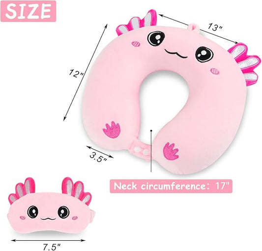Travel Pillow, Kids Travel Pillow with Sleep Eye Mask Soft Memory Foam Kids Neck Pillow for Boys & Girls, Travel Accessories for Car Airplane Traveling - Axolotl