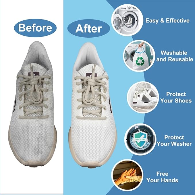 Shoe Washing Machine Bag – Reusable, Protective, Size Adaptable 360° Deep Clean Laundry Bag with Cleaning Fibers for Washing Machine, 2 Pack