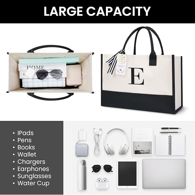 BAGAIL Initial Tote Bag, Personalized Birthday Gifts for Women, Teacher, Friends, Mom, Wedding, Monogrammed Beach Bag