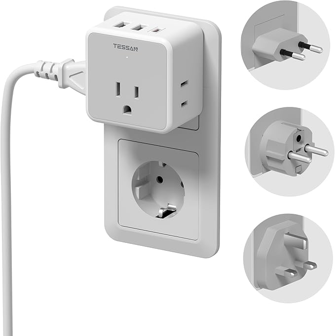 TESSAN European UK Travel Plug Adapter Kit, Universal Detachable Travel Adapter with 3 USB (1 PD 20W) and 3 AC Outlets, Type C G E F Europe Ireland Power Adaptor, US to EU Italy France Greece Spain