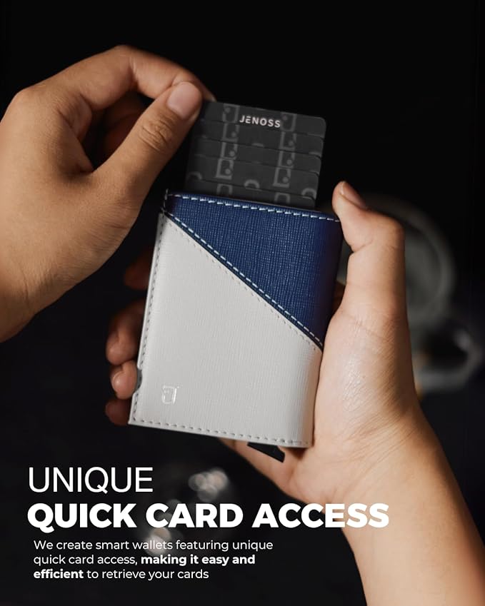 Jenoss Smart Wallet For Men: Full Grain Leather, Handcrafted, Slide Metal Pop Up Case, Slim RFID Blocking Credit Card Holder, Minimalist, Compact 12 Cards Slot Organizers, ID, Money Clip (Grey & Navy)