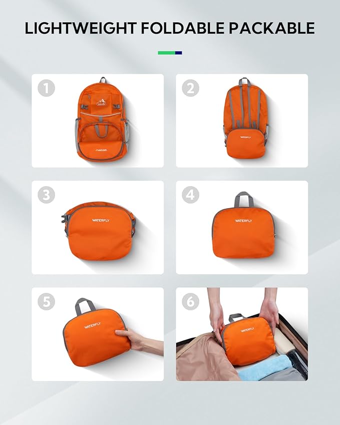 WATERFLY Hiking Packable Daypack Backpack: 25L Ultra Lightweight Day Pack for Woman Man - Small Compact Folding Back Pack for Outdoor Sport Cycling Camping Travel Trip - Orange