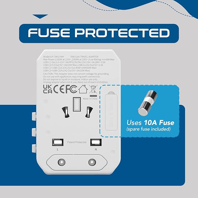 Ceptics 6 in 1 Universal Travel Adapter with PD 70W USB-C and 2X USB-A and 2X USB-C 3A, Universal Charger with QC 3.0 for US/EU/UK/AU, Universal Power Adapter with Type I C G A Outlets