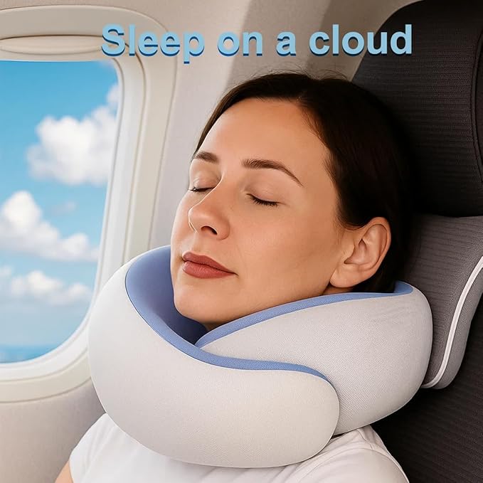 Neck Pillow for Traveling,Travel Neck Pillow for Airplanes,Portable,Smooth & Cooling Fabric,100% Pure Memory Foam,Neck Pain Relief with Breathable 360º Ergonomic Support for Long Flight(Blue)