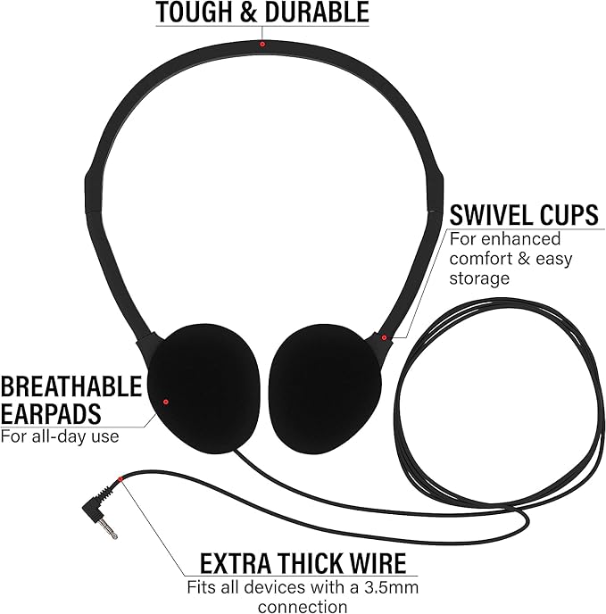 Maeline Bulk Classroom Student Headphones On Ear Stereo Headphones Flexible Adjustable Band for Kids Online Learning, Library, School, Airplane, Travel - 3.5mm Plug - 200 Pack - Black