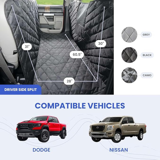 4Knines Dog Floor Hammock for Truck & Crew Cab with Fold Up Seats – Back Seat Pet Cover for Dogs – Compatible with Ram and Nissan Full Size Trucks (Driver Side Split, Camo)