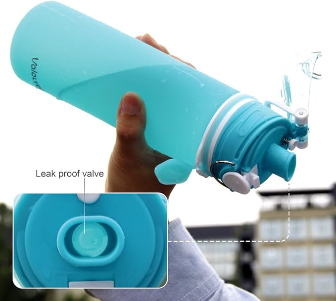 Valourgo Collapsible Water Bottle, Silicone Foldable with Leak Proof Valve BPA Free, Aqua Blue, 21 oz