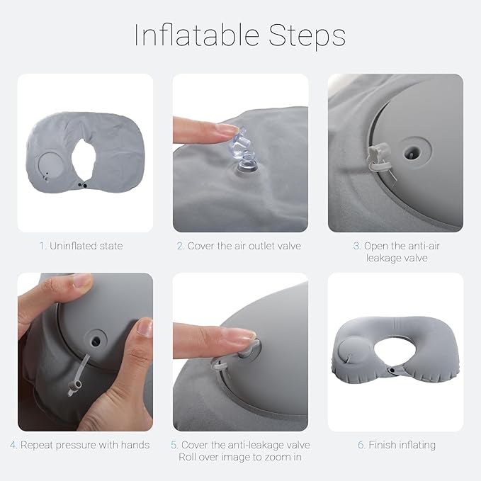 Cozi Travel Pillow for Airplane,100% Pure Memory Foam Airplane Pillow with Inflatable Adjustable Neck Pillow for Women Men Traveling Sleeping Long Flight Portable Plane Accessories Deep Gray