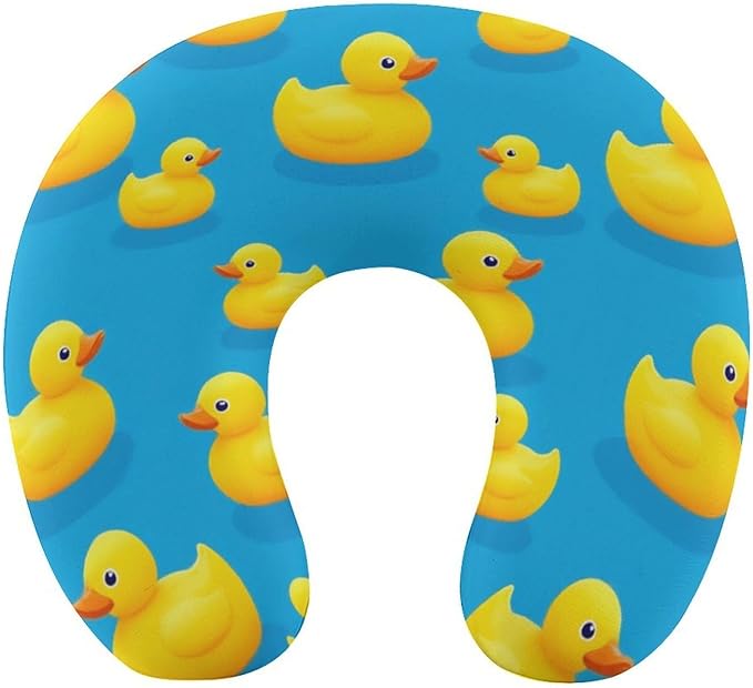 Breathable U-Shaped Neck Pillow Memory Foam Travel, Cute Funny Rubber Duck Yellow Ducky Blue U-Shape, Machine Washable Support Home Office