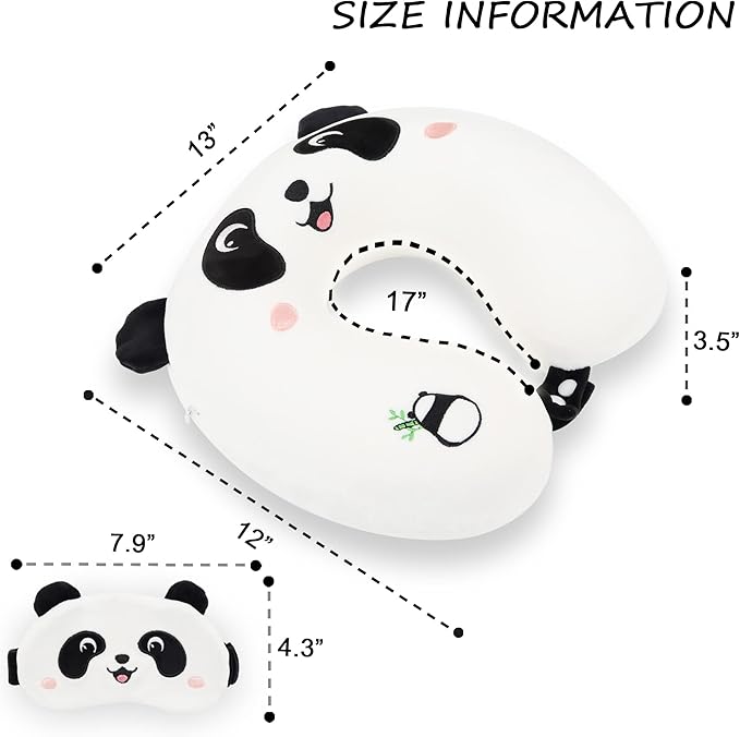 Sexysamba Cartoon Headrest & Neck Pillow for Kids Boys & Girls, Teens, Travel Accessories for Airplane, Car, Recline, Memory Foam Cute Travel Pillow with Sleep Eye Mask - Panda