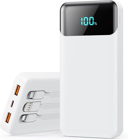 Portable Charger 40800mAh with 3 Built-in Cables,PD 25W USB C in&Out Power Bank Fast Phone Charging,QC4.0 LED Display 5 Outputs External Battery Pack Compatible with iPhone 17/16,Samsung Android-White