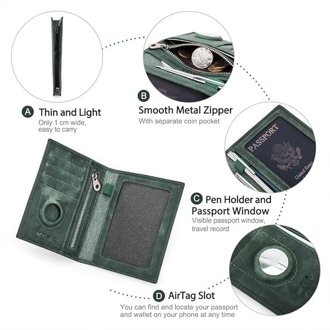 CONTACTS Full Grain Leather Airtag Passport Holder RFID Blocking Travel Passport Wallet Slim Passport Cover Case with 4 Cards Slots, Coin Pocket (Green)