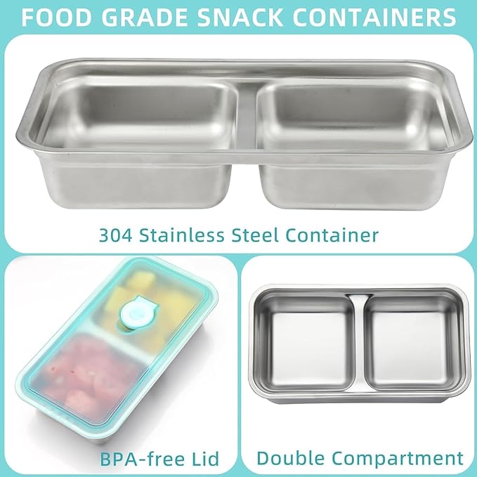 Ehigta 2 Pack Stainless Steel Snack Containers, Grab and Go Reusable Food Storage Containers with Lids for Lunch, Picnic, Outdoors & Fitness.
