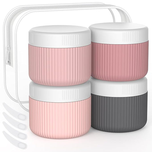 ME.FAN Travel Containers for Toiletries, TSA Approved 2 oz Silicone Cream Jars, Leak-proof Journey Containers, Trip Accessories with Lid for Cosmetic Face Hand Body Cream 4 Pack White Lid Pink