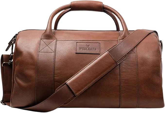 Full Grain Leather Duffle Bag – 40L Travel, Gym & Carry-On Weekender for Men | Handcrafted Overnight Bag with Brass Hardware, Bourbon Style