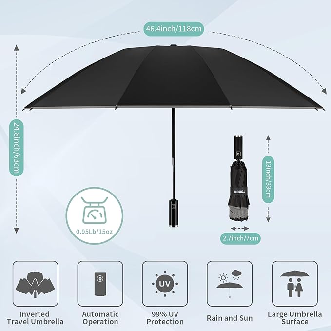 Yoobure Inverted Windproof Travel Umbrella - Automatic Umbrellas for Rain, Compact Folding with Reflective Stripe, Portable Large for Backpack, Lightweight with Sun UV Protection