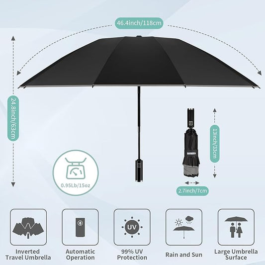 Yoobure Inverted Windproof Travel Umbrella - Automatic Umbrellas for Rain, Compact Folding with Reflective Stripe, Portable Large for Backpack, Lightweight with Sun UV Protection