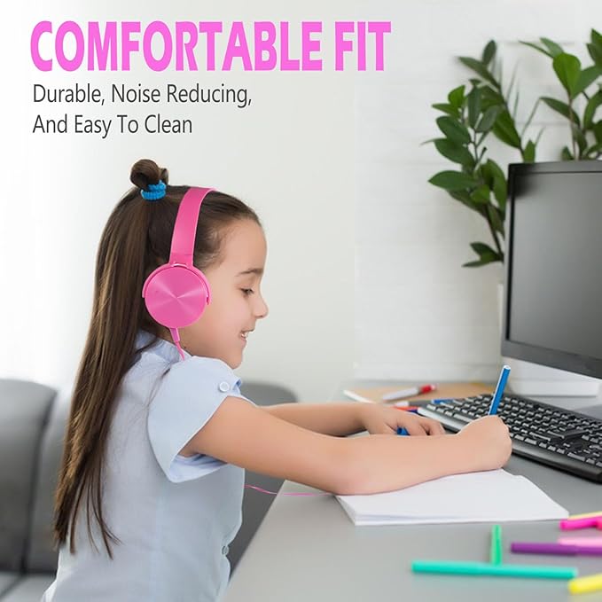 Kids Headphones 2 Pack for School Classroom K-12, Durable Wired Student Computer Online Learning Headset for Laptop Library Airplane and Travel (Pink+Orange)