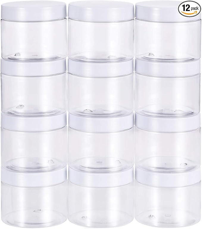 SATINIOR 12 Pack 7 oz Plastic Container Jars with Lids Round Clear Travel Cosmetic Container Slime Jars for Toiletries, Lotion, Cream, Ointments, Makeup, Rhinestone, Samples, Kitchen Storage(White)
