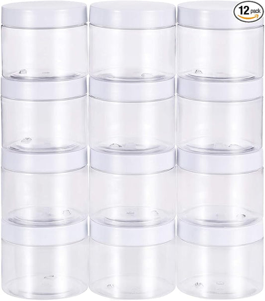 SATINIOR 12 Pack 7 oz Plastic Container Jars with Lids Round Clear Travel Cosmetic Container Slime Jars for Toiletries, Lotion, Cream, Ointments, Makeup, Rhinestone, Samples, Kitchen Storage(White)