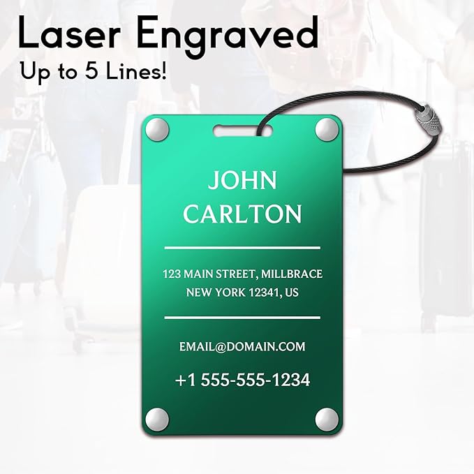Personalized Luggage Tags for Suitcases - Aluminum Custom Luggage Tags for Backpacks & Bags, Sturdy, Waterproof & Heavy Duty (Green/Card-Sized)