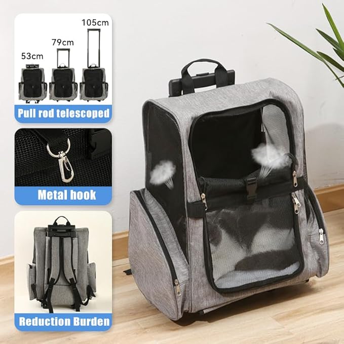 Pet Trolley Bag Cat Dog Travel Bag Portable & Breathable Pet Carrier Backpack - Lightweight Dual-Shoulder Design for Easy Travel with Your Beloved Companion Scalable Pull Rod pet Bag (Black)