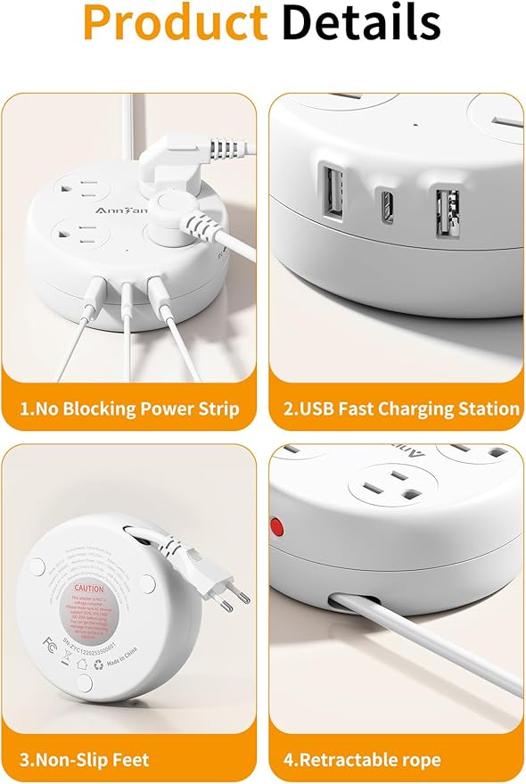 European Travel Plug Adapter - Retractable Power Strip with 4 AC Outlets & 3 USB Ports (USB-C), Type C Adapter for US to Most of Europe Iceland Spain Italy France Germany and More (White)