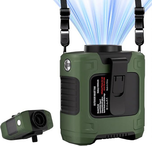 Portable Waist Fan 18000RPM Strong Airflow Waist Fan Belt fan With Max 12H Working Time 3 Speeds adjustment With LED flashlight Rechargeable Personal Fan for Outdoor Jobsite(Green)