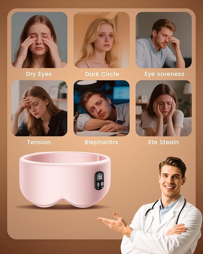 Heated Eye Mask - Cordless Eye Mask for Dry Eyes, Eye Relief, Improved Sleep, Timed Shutdown, 4 Temperature, Washable Eye Heating Pad for Travel, Christmas Gifts for Women Men - Pink