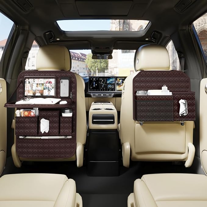 GMQ Backseat Car Organizer 1 Pack, Car Back Seat Organizers with Tray,Multifunctional Car Seat Back Organizer with Foldable Tablet Holder (Coffee Brown, 1 PC)