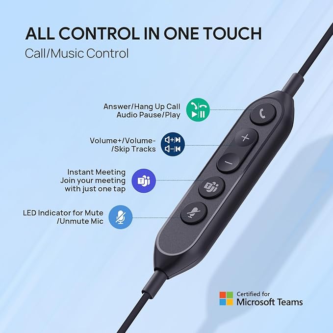 Yealink UH42 USB-C/A Headset with Microphone for PC Computer, Wired Headset Teams Certified, Noise Cancelling Mic, in Line Control, Mute Button, Cable Length 7.05FT, All Day Comfort