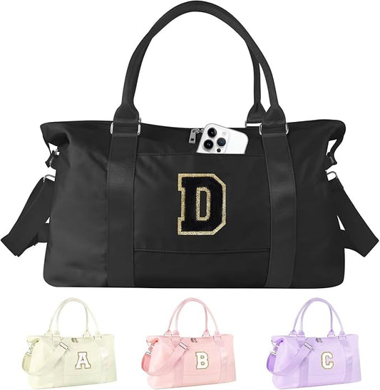 Dance Gym Duffel Bag for Teen Girls, Personalized Initial Travel Weekender Bag,Cute Overnight Carry On Duffle for Women,Sports Travel Cheer Bag,Monogram Christmas Gifts for Tween Preppy(black-D)